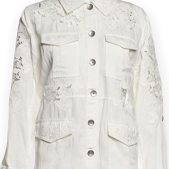 ALICE + OLIVIA Three-Quarter Sleeve Embroidered White Button-Up Top - Picture 5 of 8